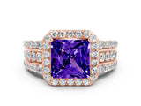 Rose gold Princess Cut Halo Tanzanite Ring with Split Shank and Four-Prong Setting