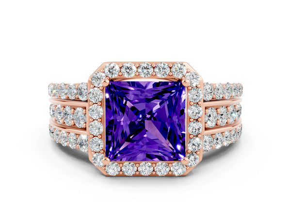 Rose gold Princess Cut Halo Tanzanite Ring with Round  Split Shank and Prong Setting