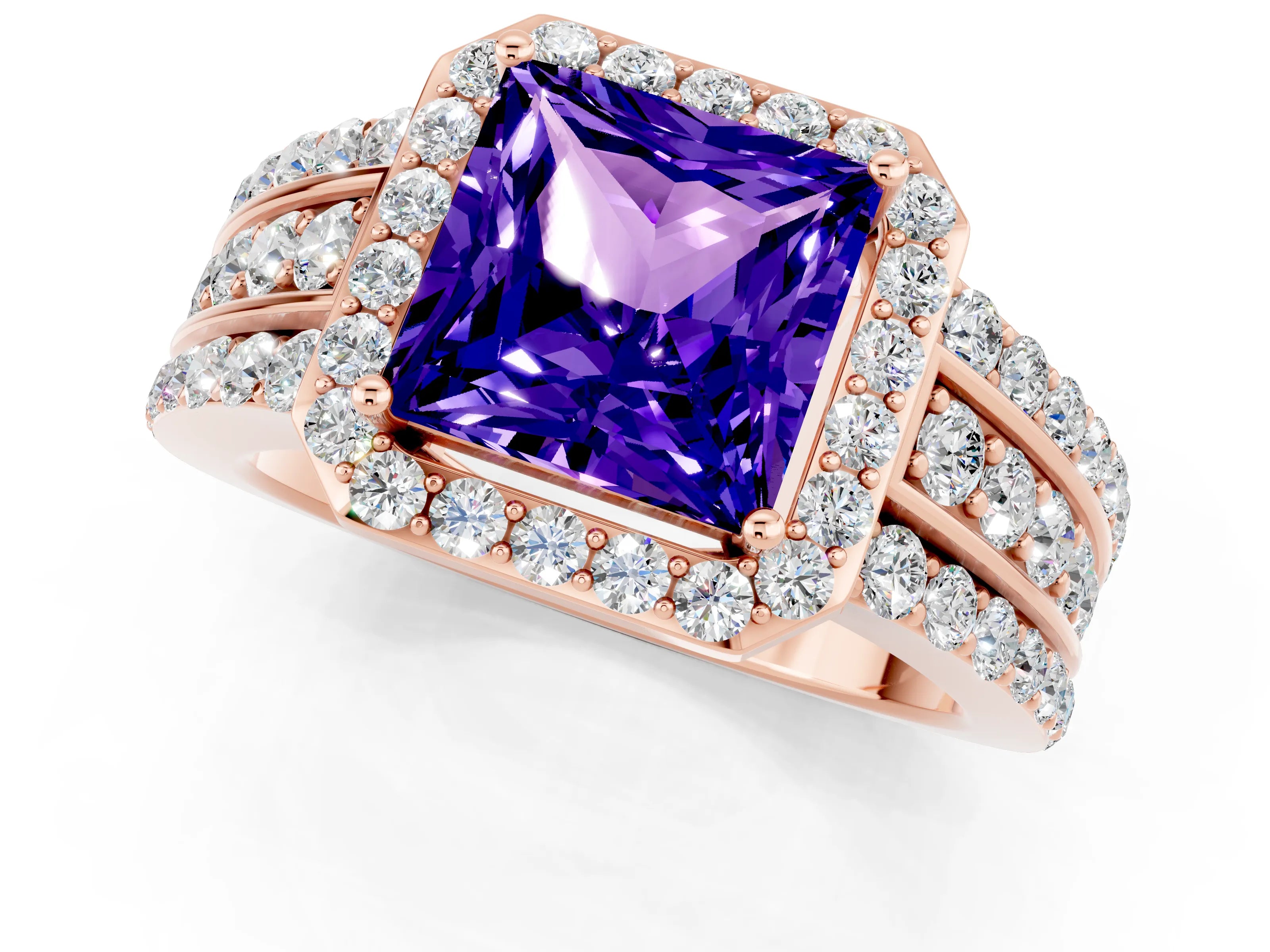 Rose gold Princess Cut Halo Tanzanite Ring with Split Shank and Four-Prong Setting_1