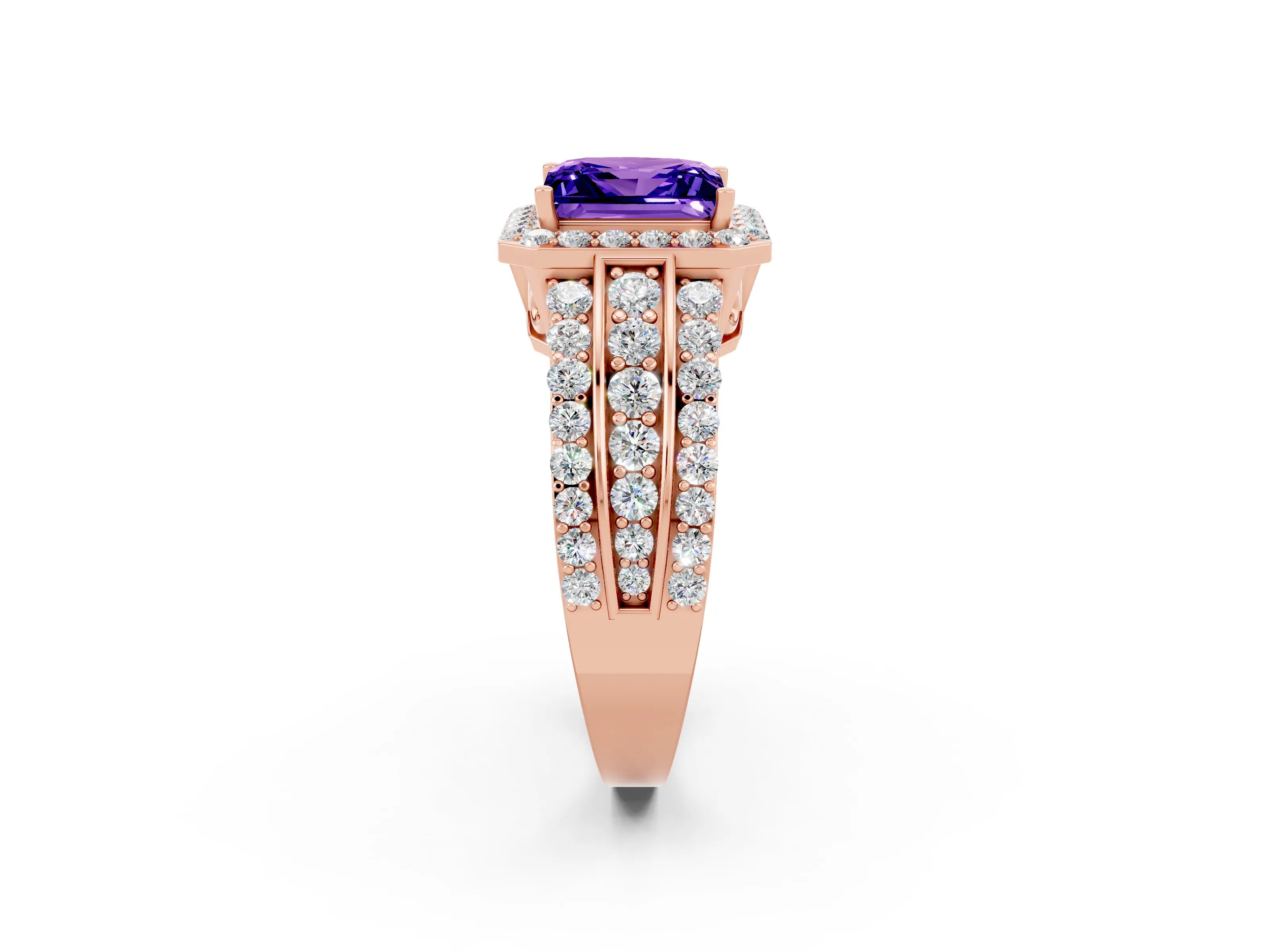 Rose gold Princess Cut Halo Tanzanite Ring with Split Shank and Four-Prong Setting_2