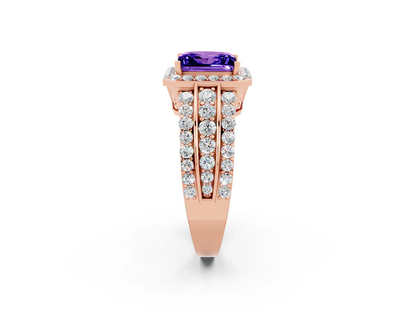 Rose gold Princess Cut Halo Tanzanite Ring with Round  Split Shank and Prong Setting