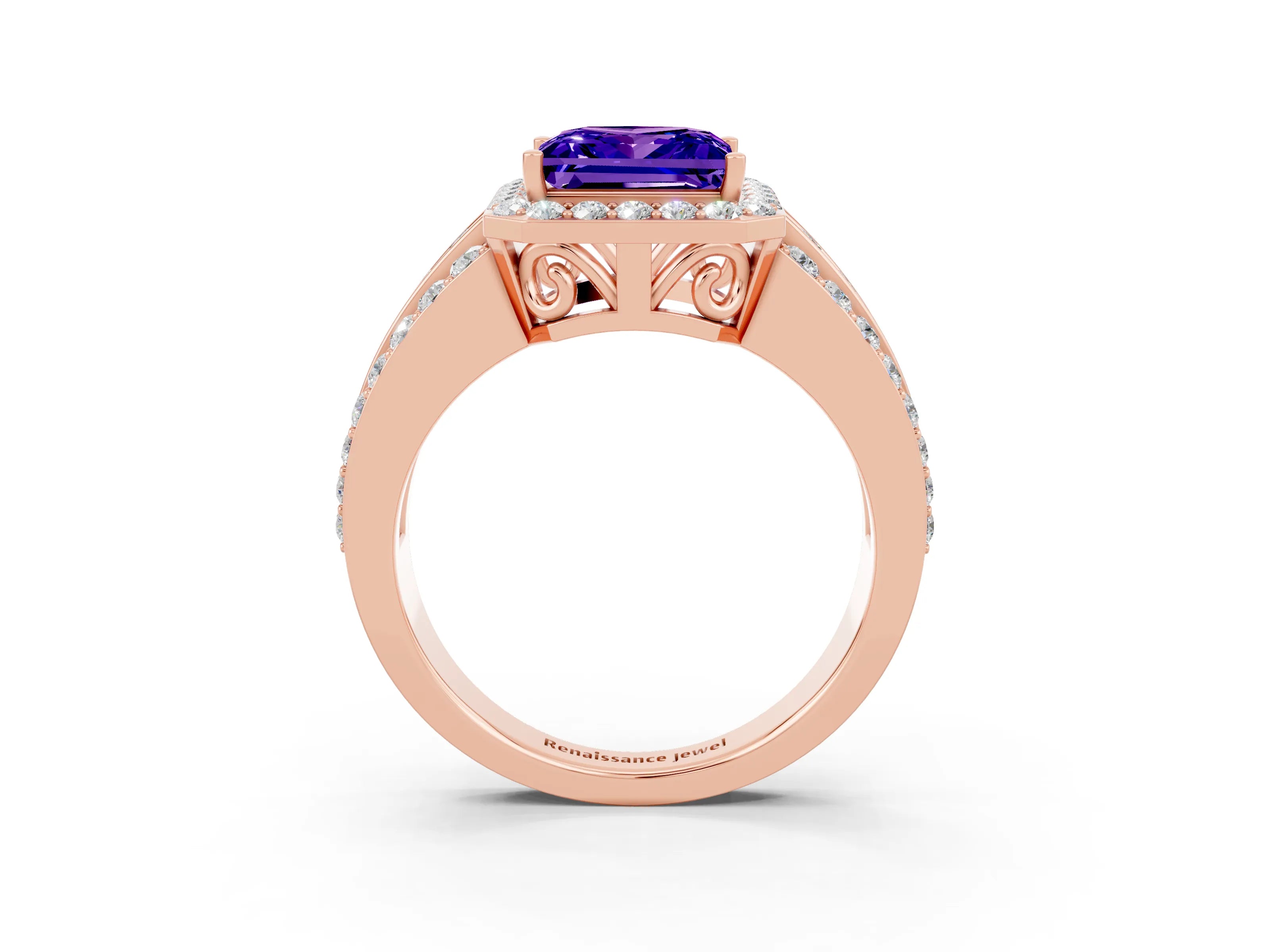 Rose gold Princess Cut Halo Tanzanite Ring with Split Shank and Four-Prong Setting_3