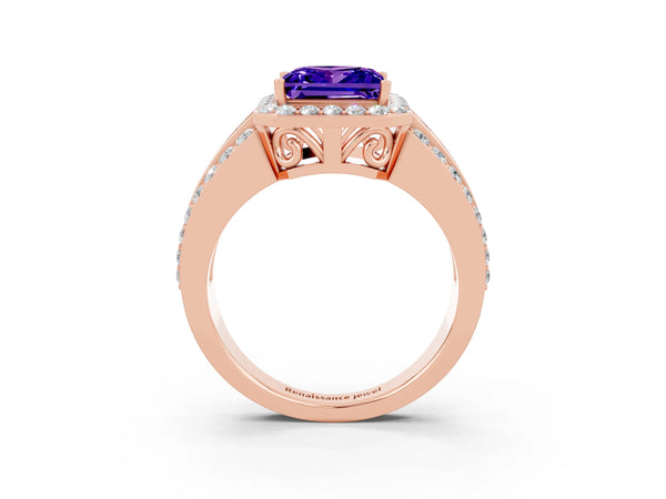 Rose gold Princess Cut Halo Tanzanite Ring with Round  Split Shank and Prong Setting