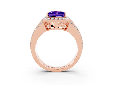 Rose gold Princess Cut Halo Tanzanite Ring with Split Shank and Four-Prong Setting_3