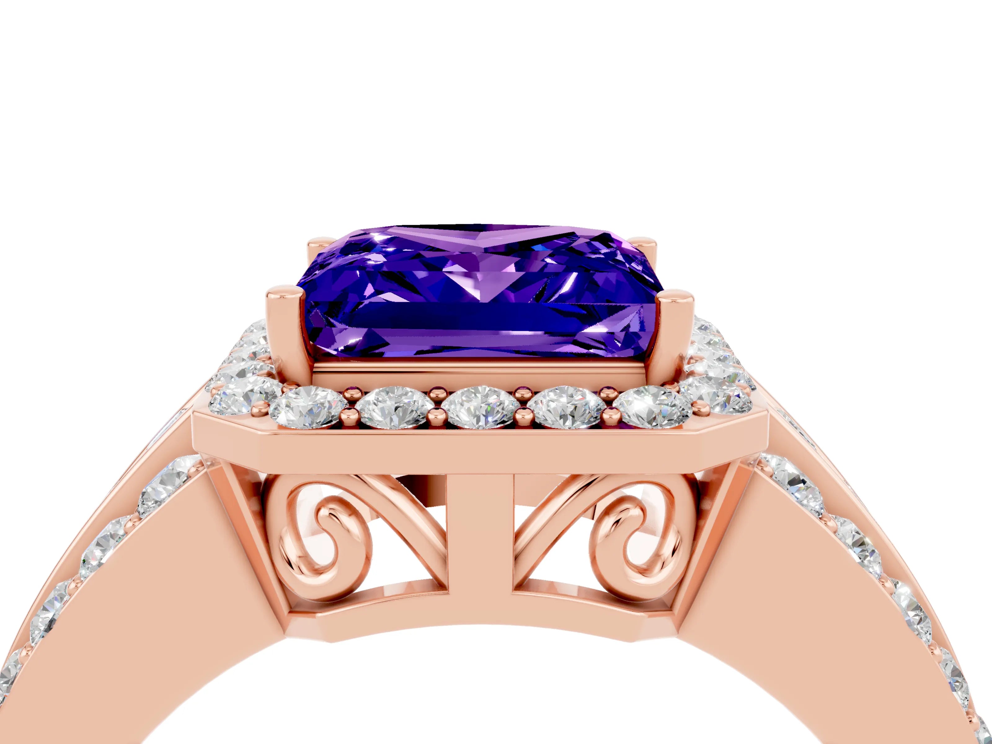 Rose gold Princess Cut Halo Tanzanite Ring with Split Shank and Four-Prong Setting_4