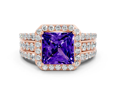 Rose gold Princess Cut Halo Tanzanite Ring with Split Shank and Four-Prong Setting