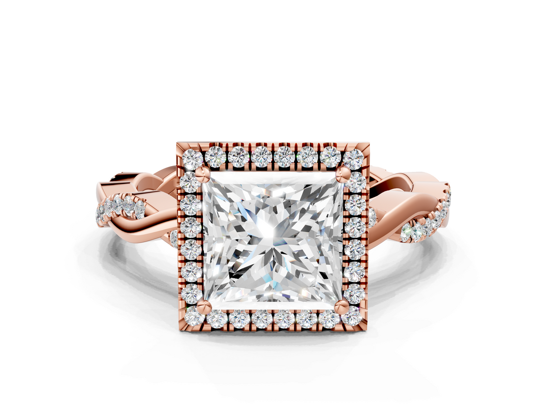 Rose gold Princess Cut Halo Twisted Band Four-Prong Ring_33