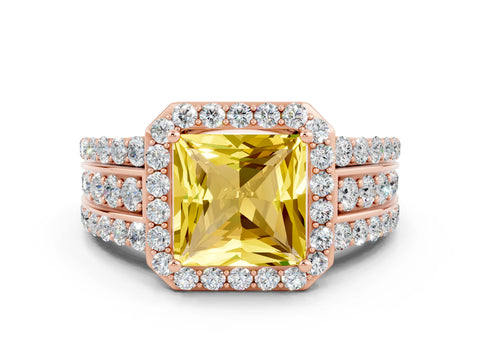 Rose gold Princess Cut Halo Yellow Sapphire Ring with Split Shank and Four-Prong Setting_24