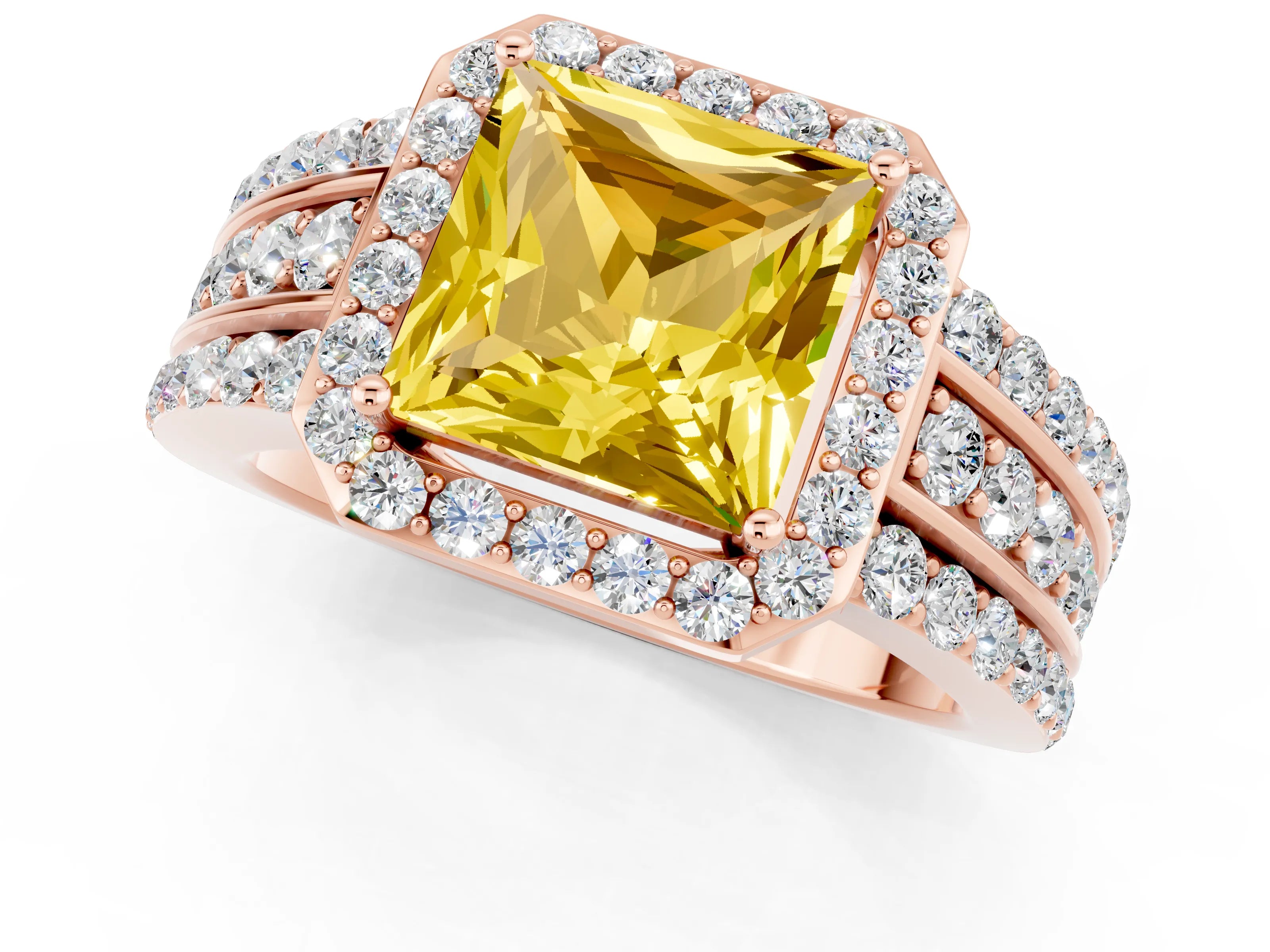 Rose gold Princess Cut Halo Yellow Sapphire Ring with Split Shank and Four-Prong Setting_25
