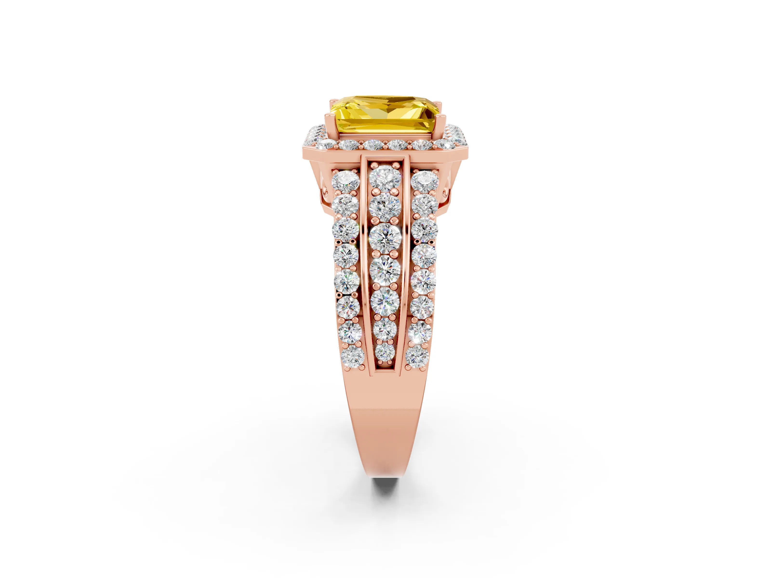 Rose gold Princess Cut Halo Yellow Sapphire Ring with Split Shank and Four-Prong Setting_26