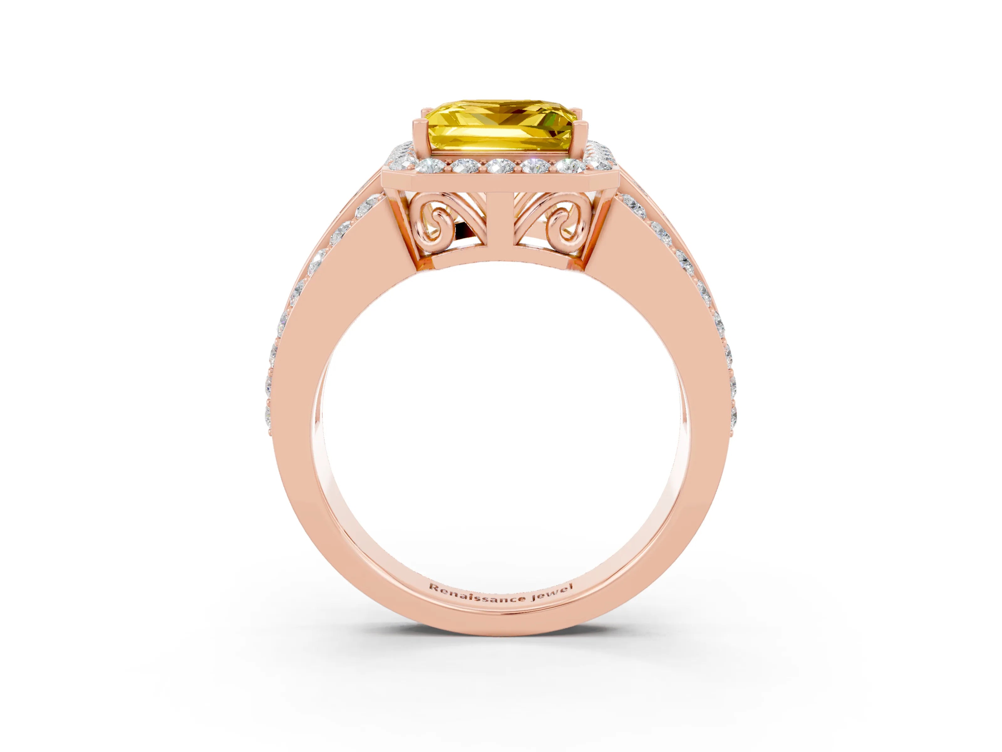 Rose gold Princess Cut Halo Yellow Sapphire Ring with Split Shank and Four-Prong Setting_27