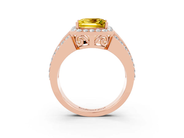 Rose gold Princess Cut Halo Yellow Sapphire Ring with Round  Split Shank and Prong Setting