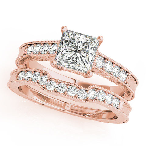 Rose gold Princess Cut Milgrain Channel Set Engagement Ring with Solitaire Prong Setting 1