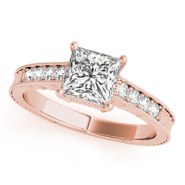 Rose gold Princess Cut Milgrain Channel Set Engagement Ring with Solitaire Prong Setting