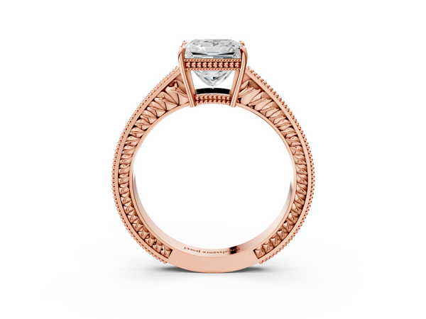 Rose gold Princess Cut Diamond Engagement Ring with Milgrain Channel Set Band and Prong Setting