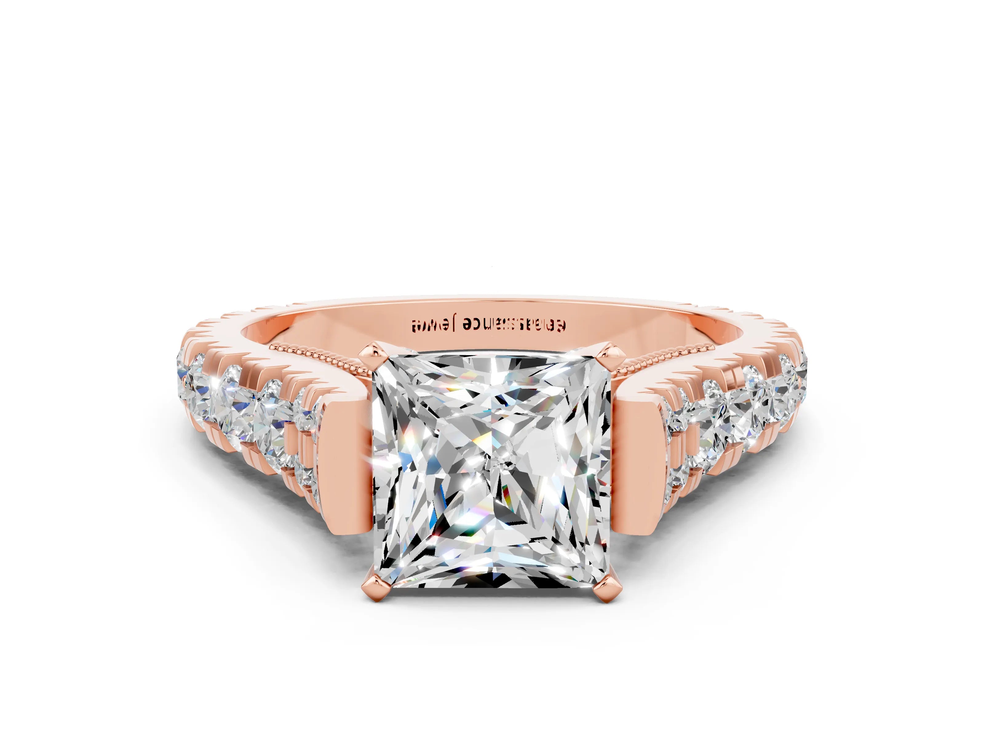 Rose gold Princess Cut Moissanite Classic Solitaire Ring with Pavé Band and Four-Prong Setting