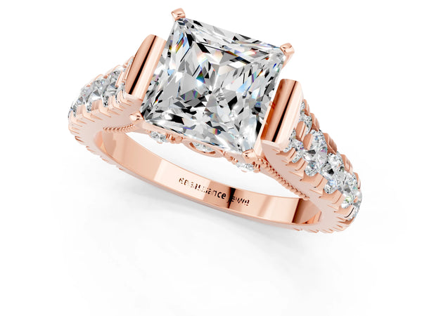 Rose gold Princess Cut Moissanite Classic Solitaire Ring with Pavé Band and Four-Prong Setting
