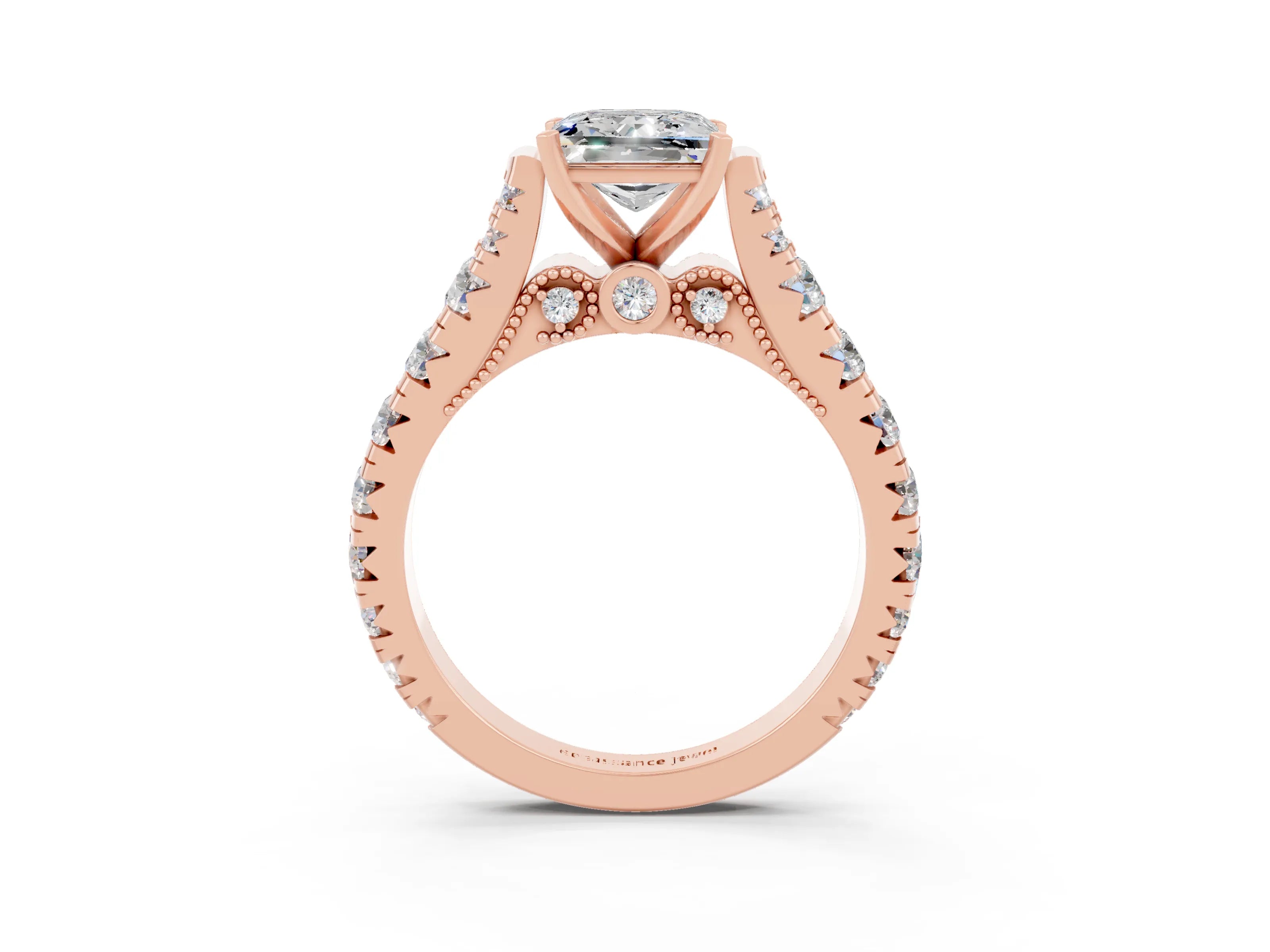 Rose gold Princess Cut Moissanite Classic Solitaire Ring with Pavé Band and Four-Prong Setting_3