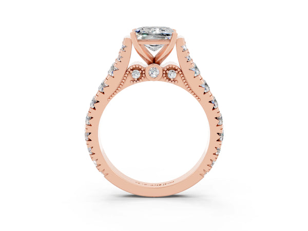Rose gold Princess Cut Moissanite Classic Solitaire Ring with Pavé Band and Four-Prong Setting