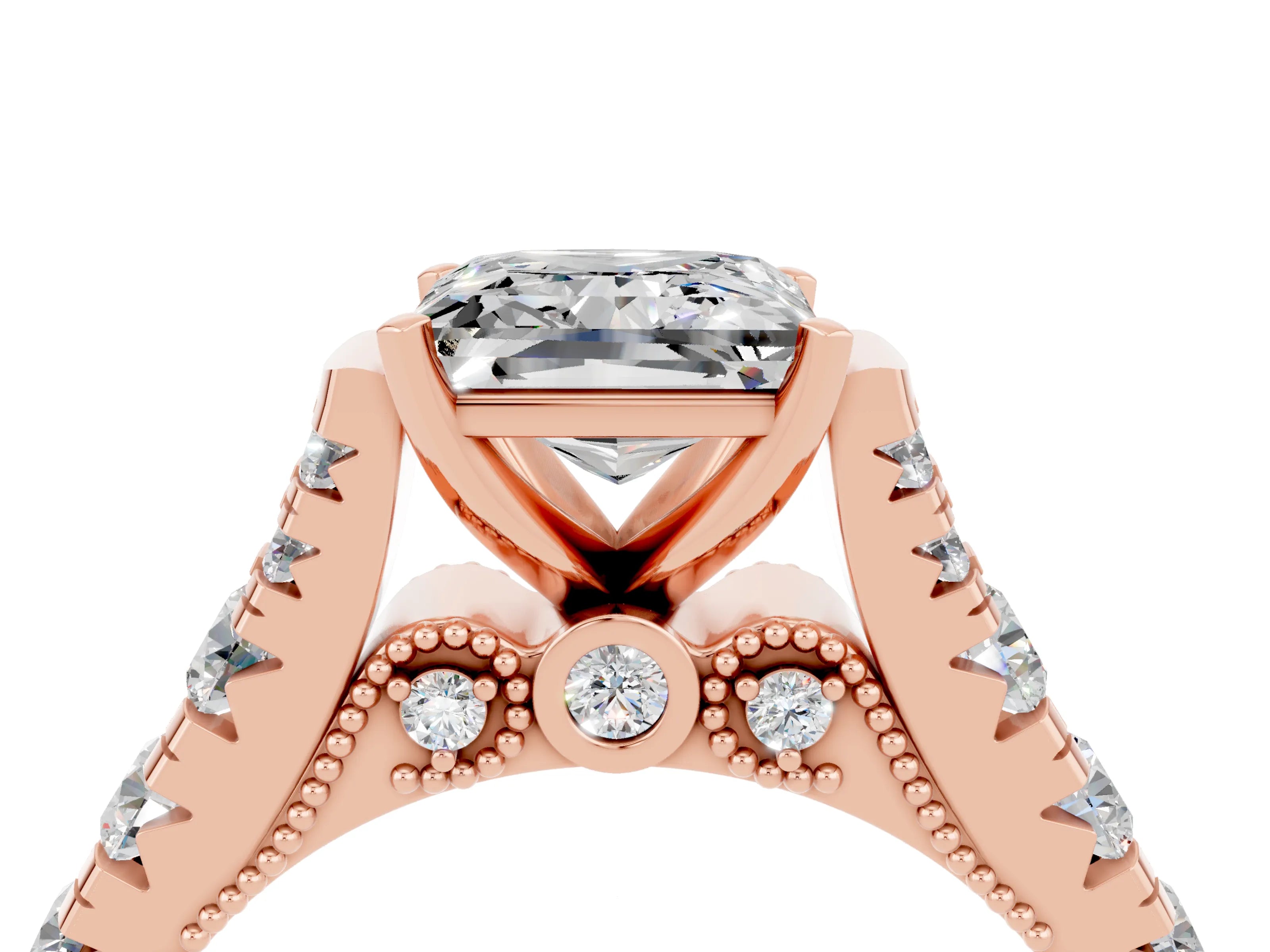 Rose gold Princess Cut Moissanite Classic Solitaire Ring with Pavé Band and Four-Prong Setting_4