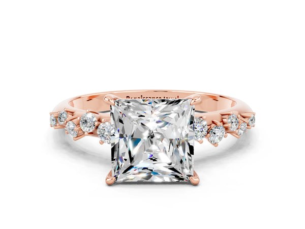 Rose gold Princess Cut Moissanite Cluster Side Stone Solitaire Ring with Prong Setting