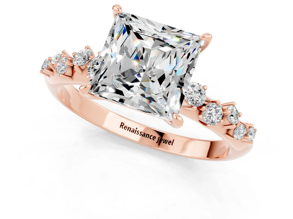 Rose gold Princess Cut Moissanite Cluster Side Stone Solitaire Ring with Prong Setting