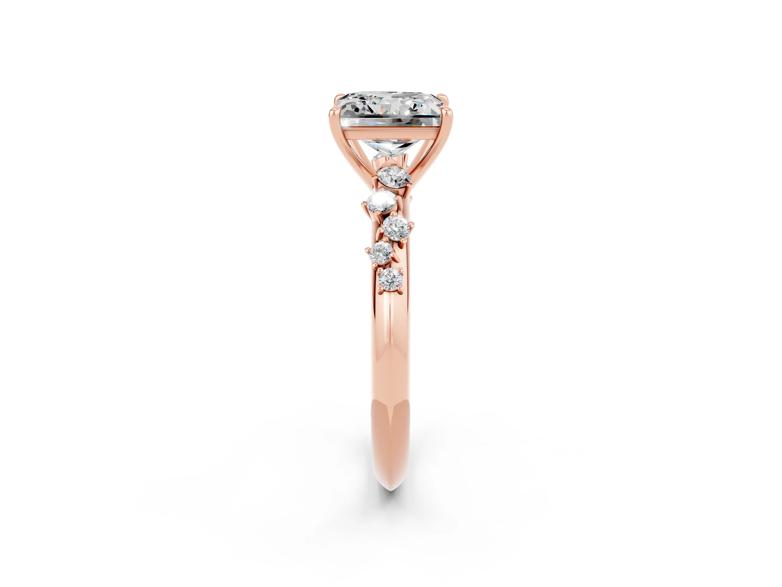 Rose gold Princess Cut Moissanite Cluster Side Stone Solitaire Ring with Prong Setting_26