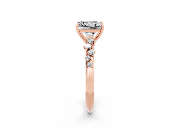 Rose gold Princess Cut Moissanite Cluster Side Stone Solitaire Ring with Prong Setting