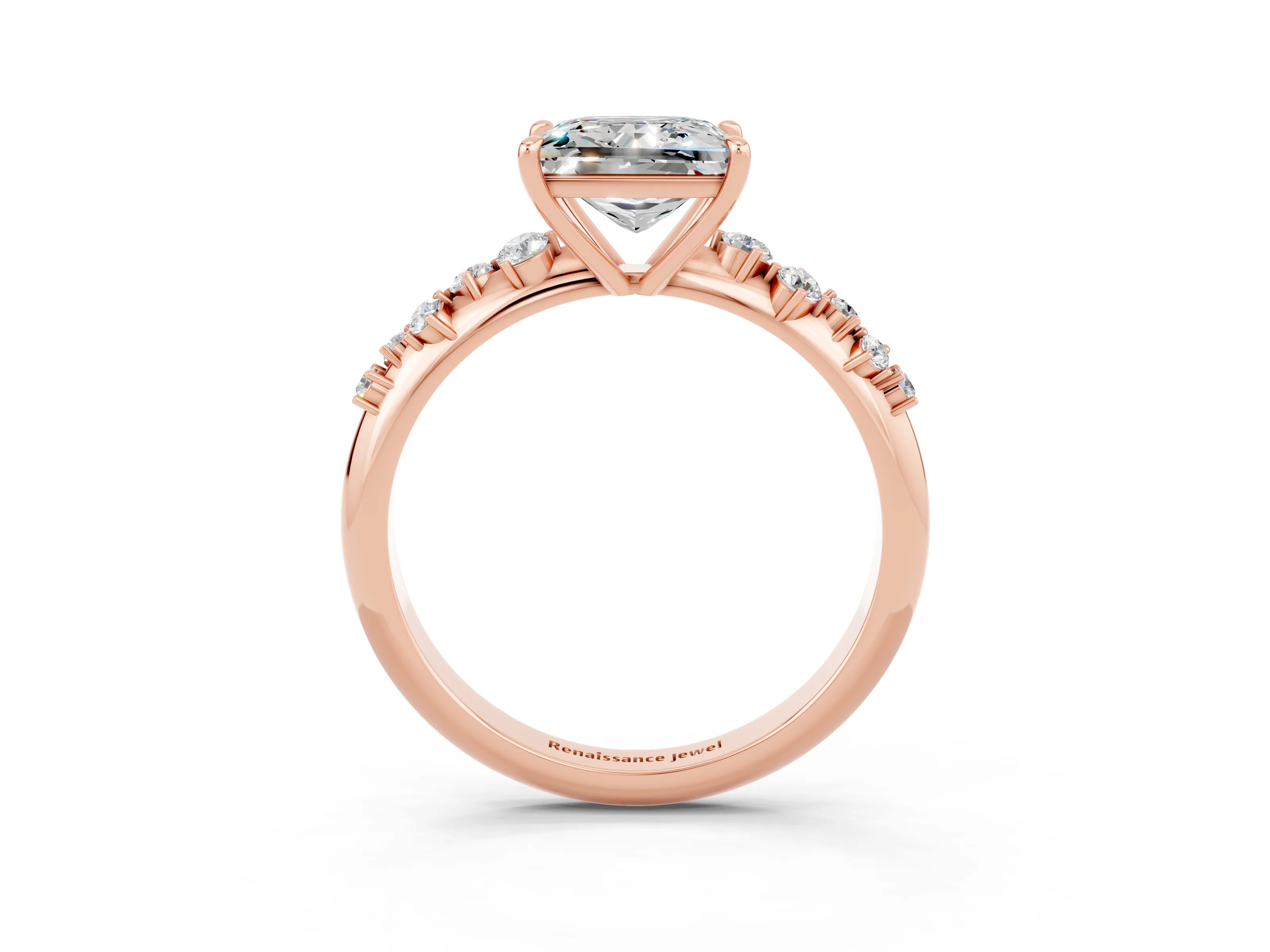 Rose gold Princess Cut Moissanite Cluster Side Stone Solitaire Ring with Prong Setting_27