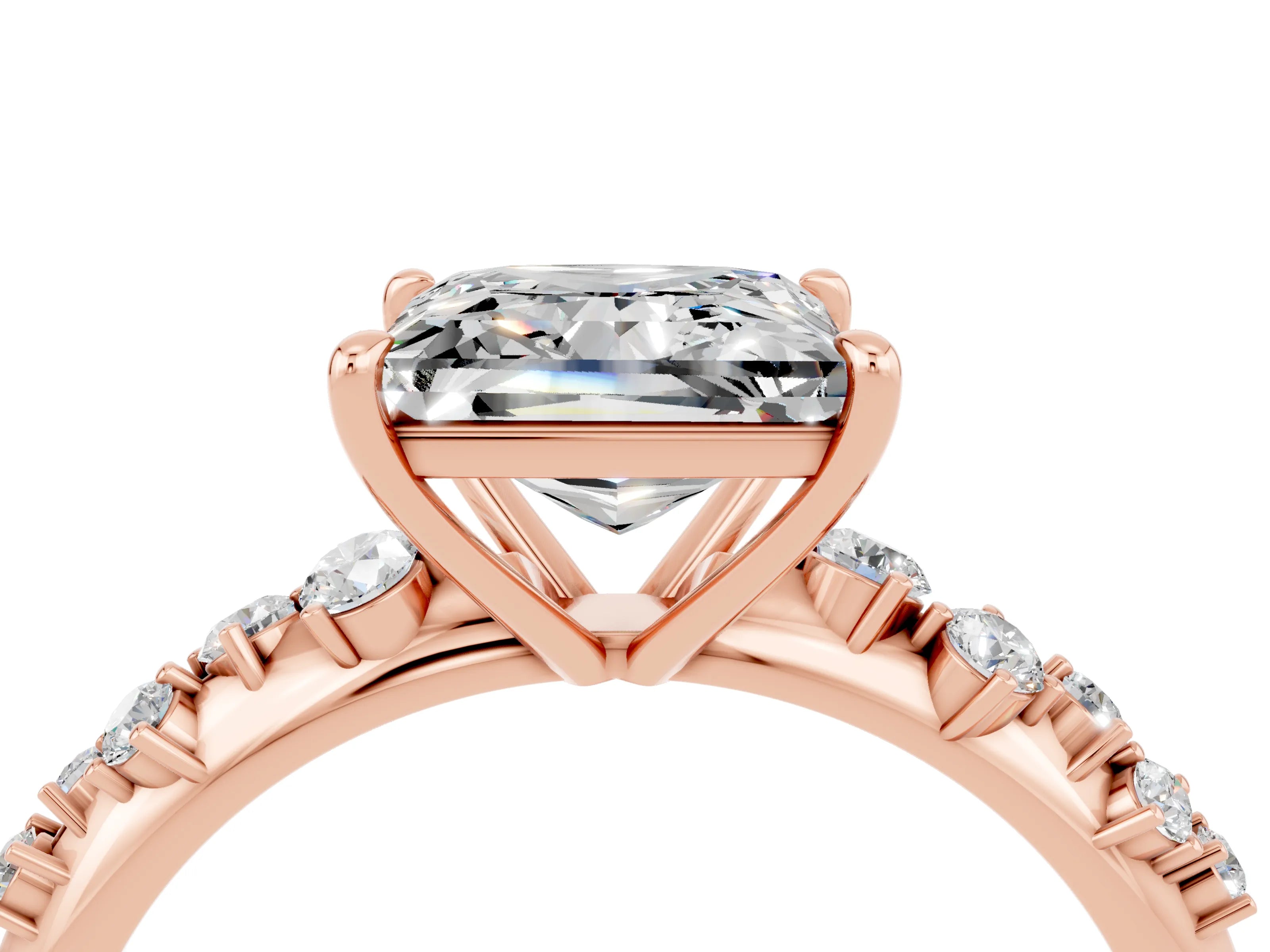 Rose gold Princess Cut Moissanite Cluster Side Stone Solitaire Ring with Prong Setting_28