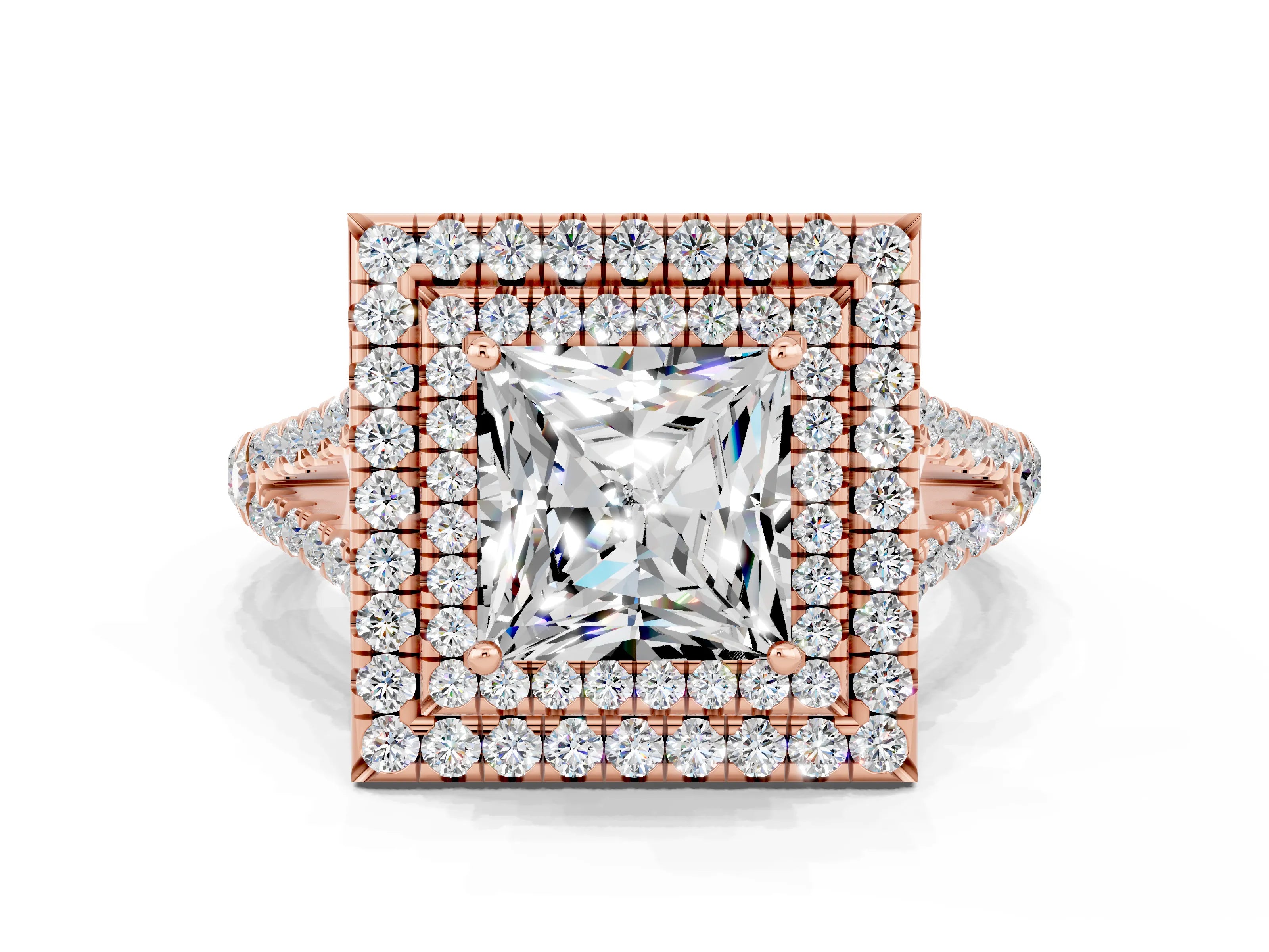 Rose gold Princess Cut Moissanite Double Halo Ring with Pavé Band and Prong Setting_12