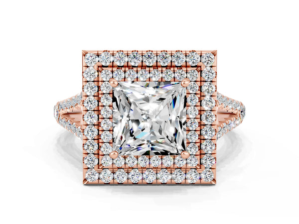 Rose gold Princess Cut Moissanite Double Halo Ring with Pavé Band and Prong Setting