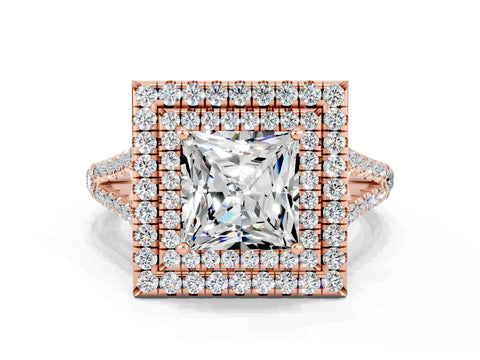 Rose gold Princess Cut Moissanite Double Halo Ring with Pavé Band and Prong Setting_12