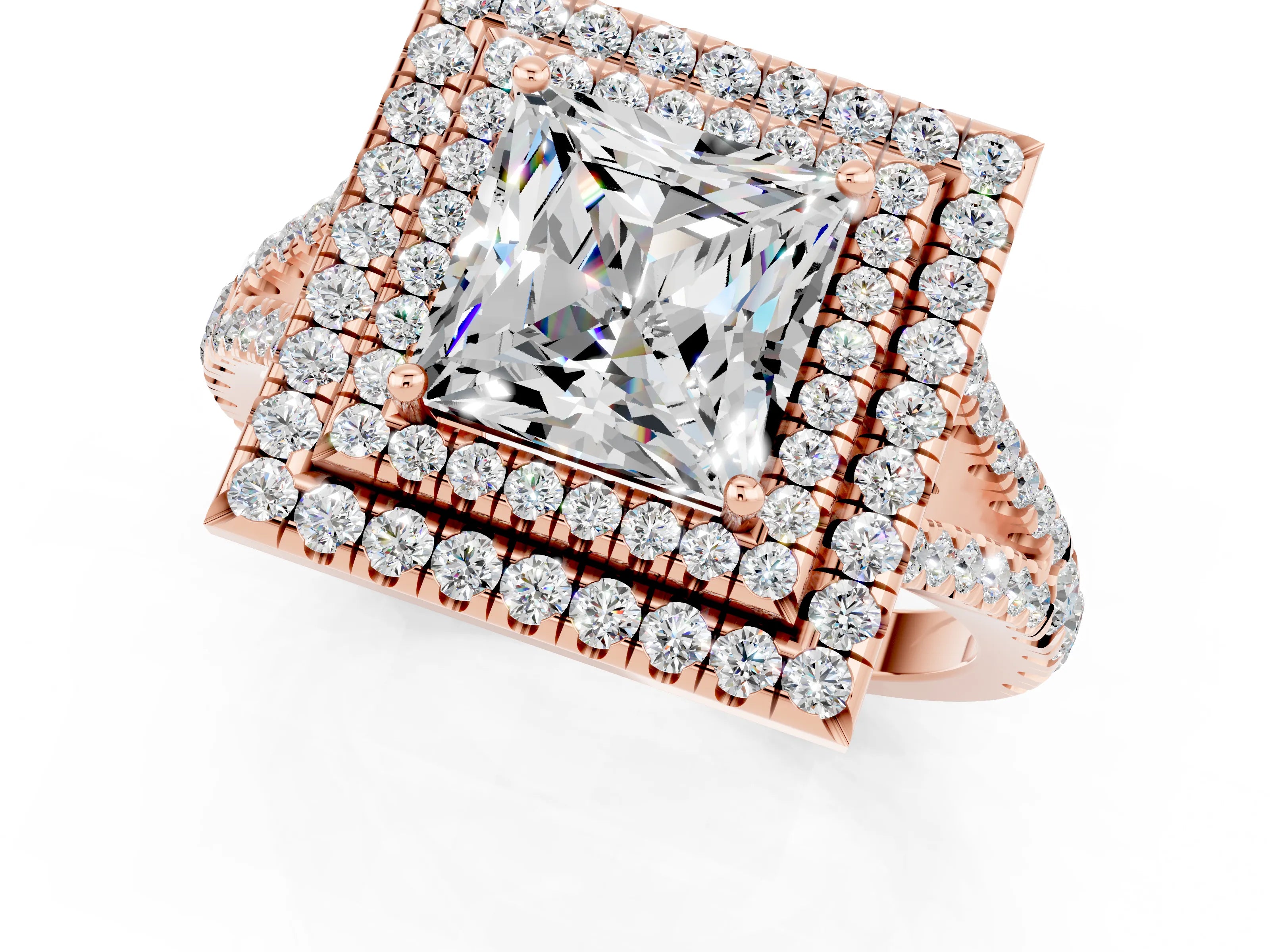 Rose gold Princess Cut Moissanite Double Halo Ring with Pavé Band and Prong Setting_13