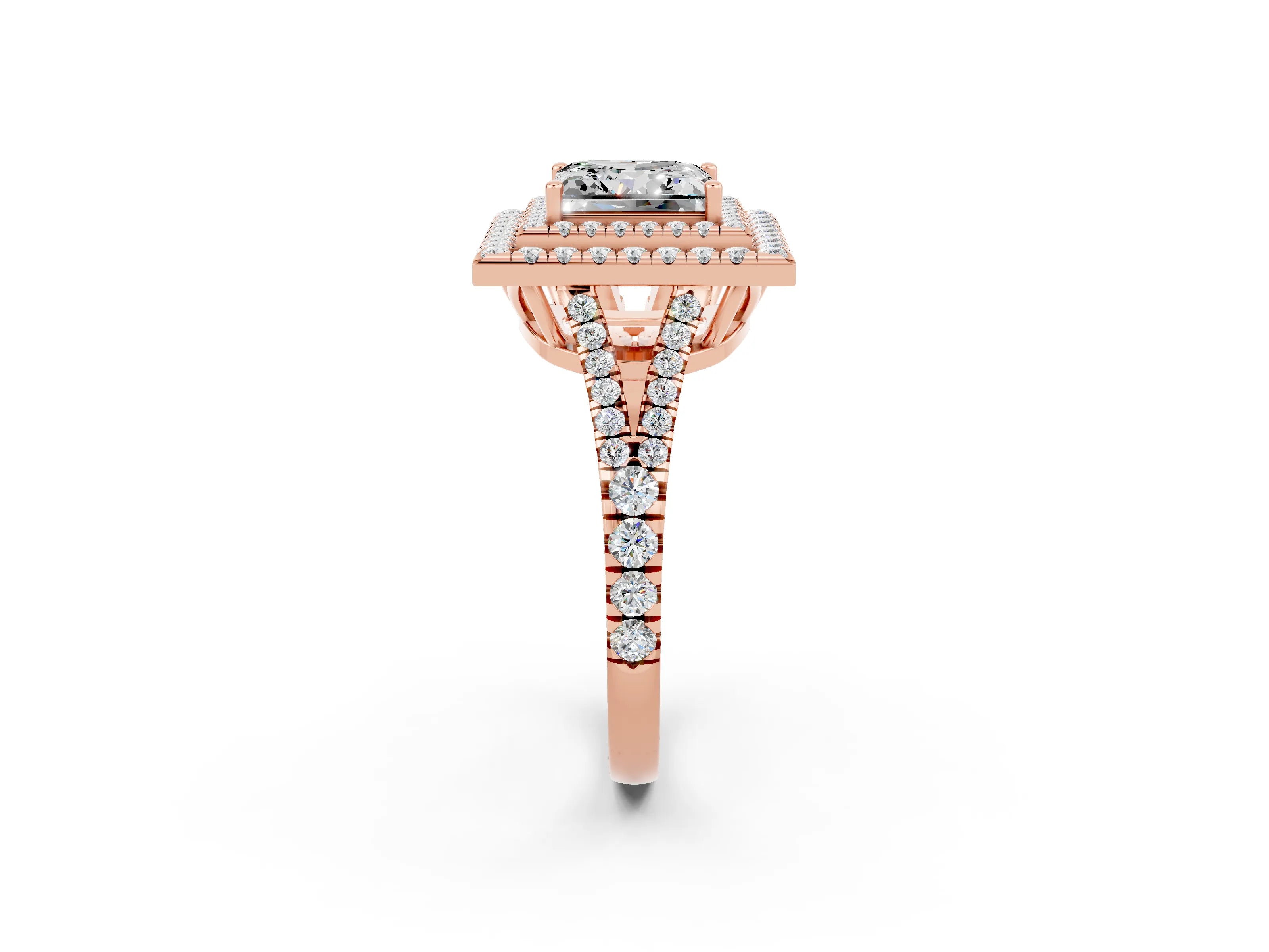 Rose gold Princess Cut Moissanite Double Halo Ring with Pavé Band and Prong Setting_14