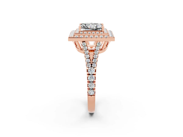 Rose gold Princess Cut Moissanite Double Halo Ring with Pavé Band and Prong Setting