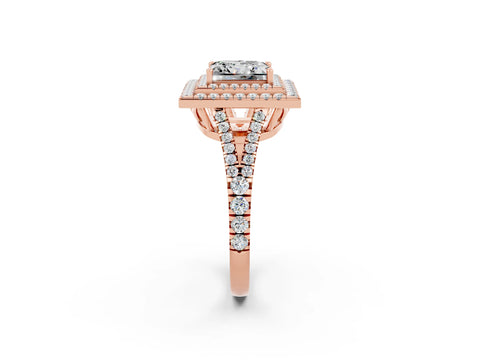 Rose gold Princess Cut Moissanite Double Halo Ring with Pavé Band and Prong Setting_14