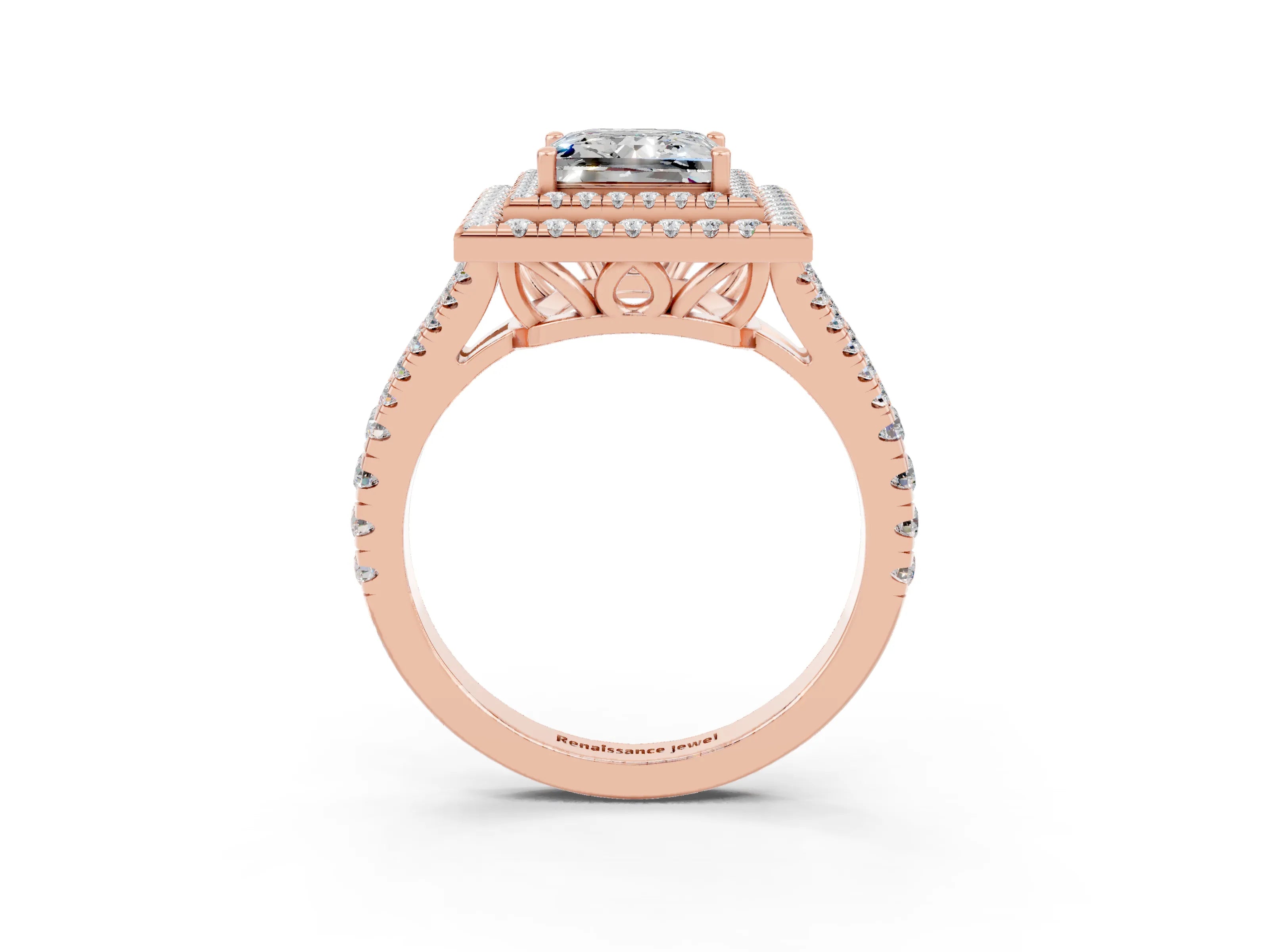 Rose gold Princess Cut Moissanite Double Halo Ring with Pavé Band and Prong Setting_15