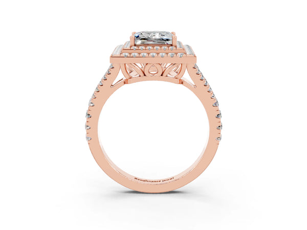 Rose gold Princess Cut Moissanite Double Halo Ring with Pavé Band and Prong Setting