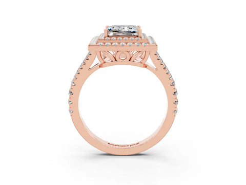 Rose gold Princess Cut Moissanite Double Halo Ring with Pavé Band and Prong Setting_15