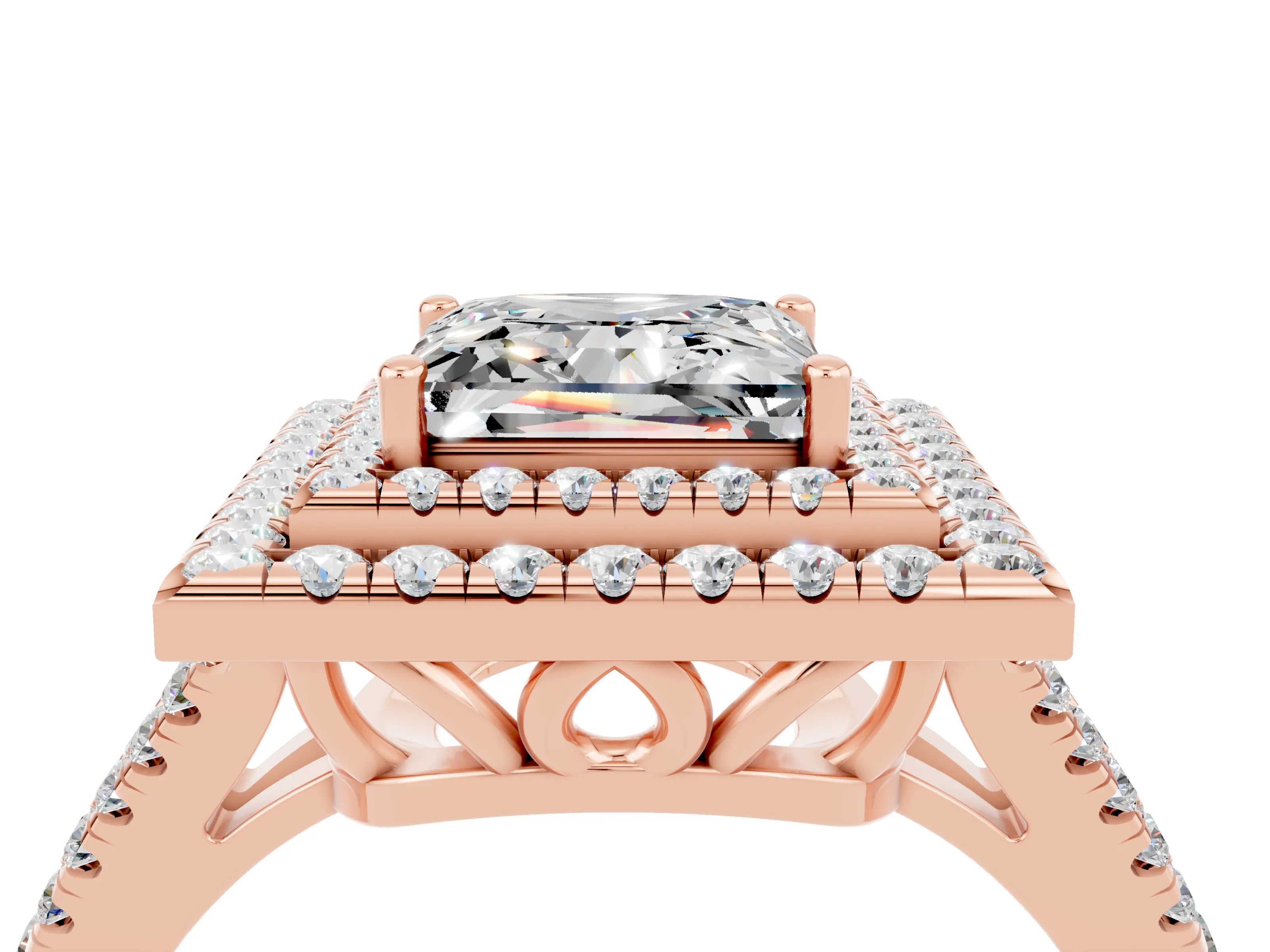 Rose gold Princess Cut Moissanite Double Halo Ring with Pavé Band and Prong Setting_16
