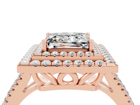 Rose gold Princess Cut Moissanite Double Halo Ring with Pavé Band and Prong Setting_16