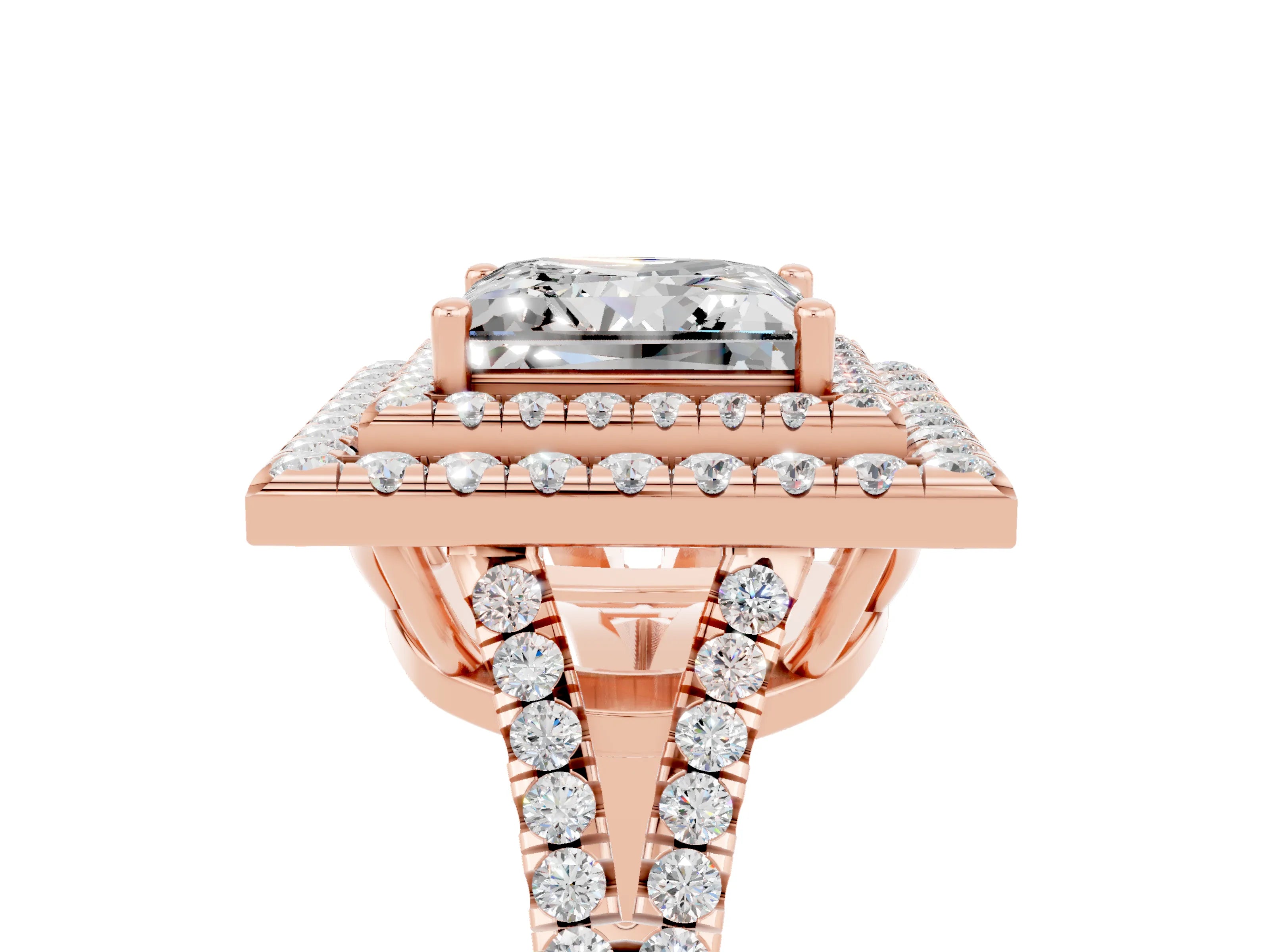 Rose gold Princess Cut Moissanite Double Halo Ring with Pavé Band and Prong Setting_17