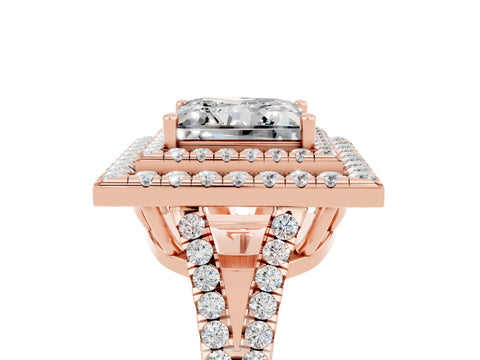 Rose gold Princess Cut Moissanite Double Halo Ring with Pavé Band and Prong Setting_17