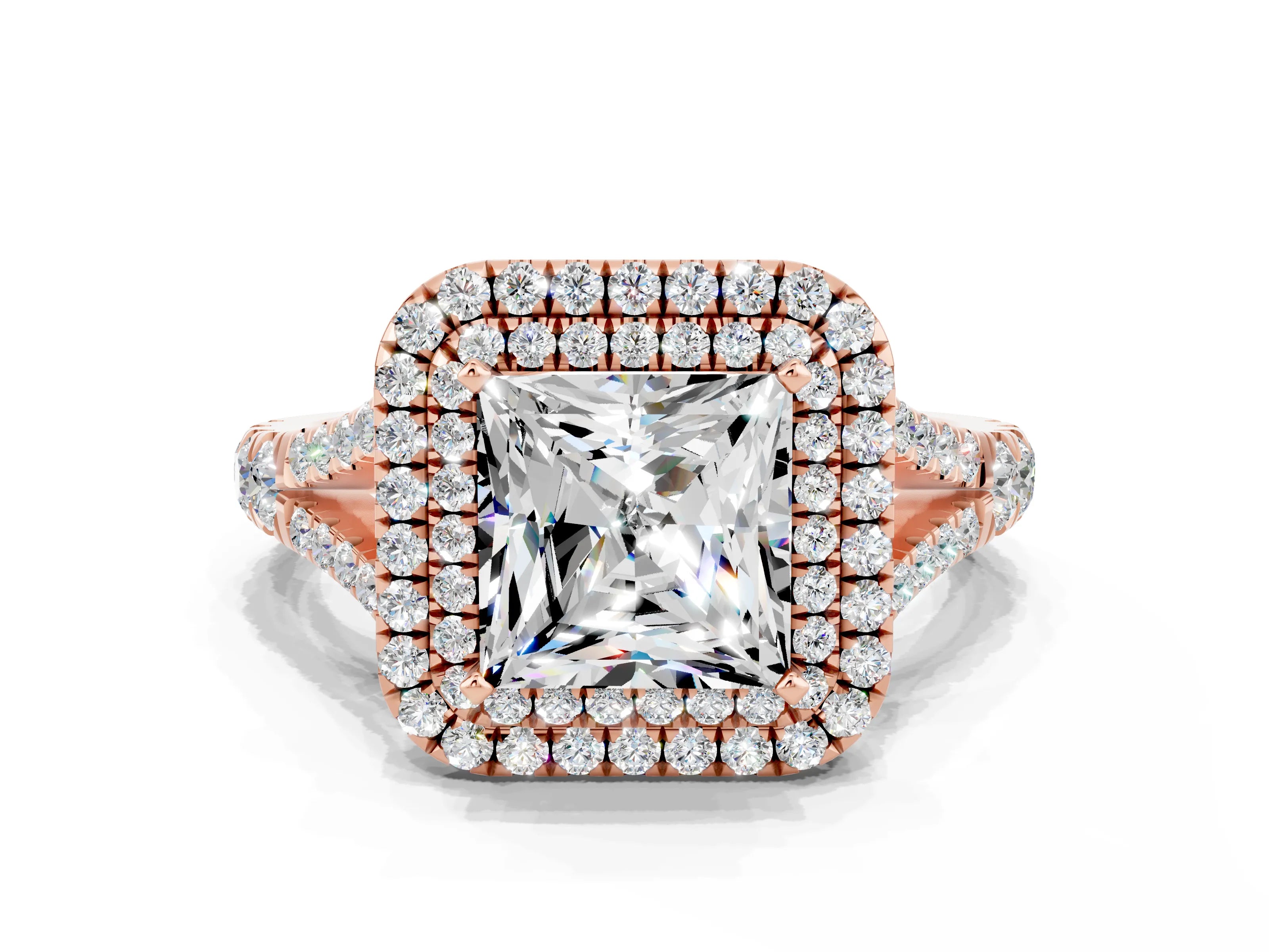Rose gold Princess Cut Moissanite Double Halo Ring with Split Shank and Prong Setting_12