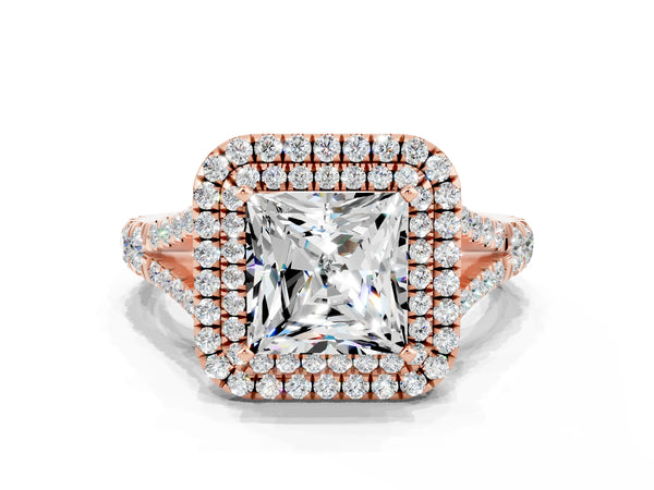 Rose gold Princess Cut Moissanite Double Halo Ring with Split Shank and Prong Setting