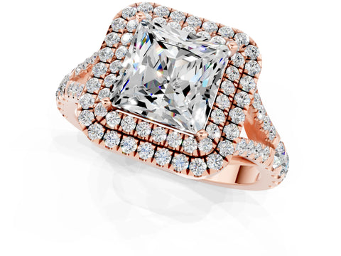 Rose gold Princess Cut Moissanite Double Halo Ring with Split Shank and Prong Setting_13
