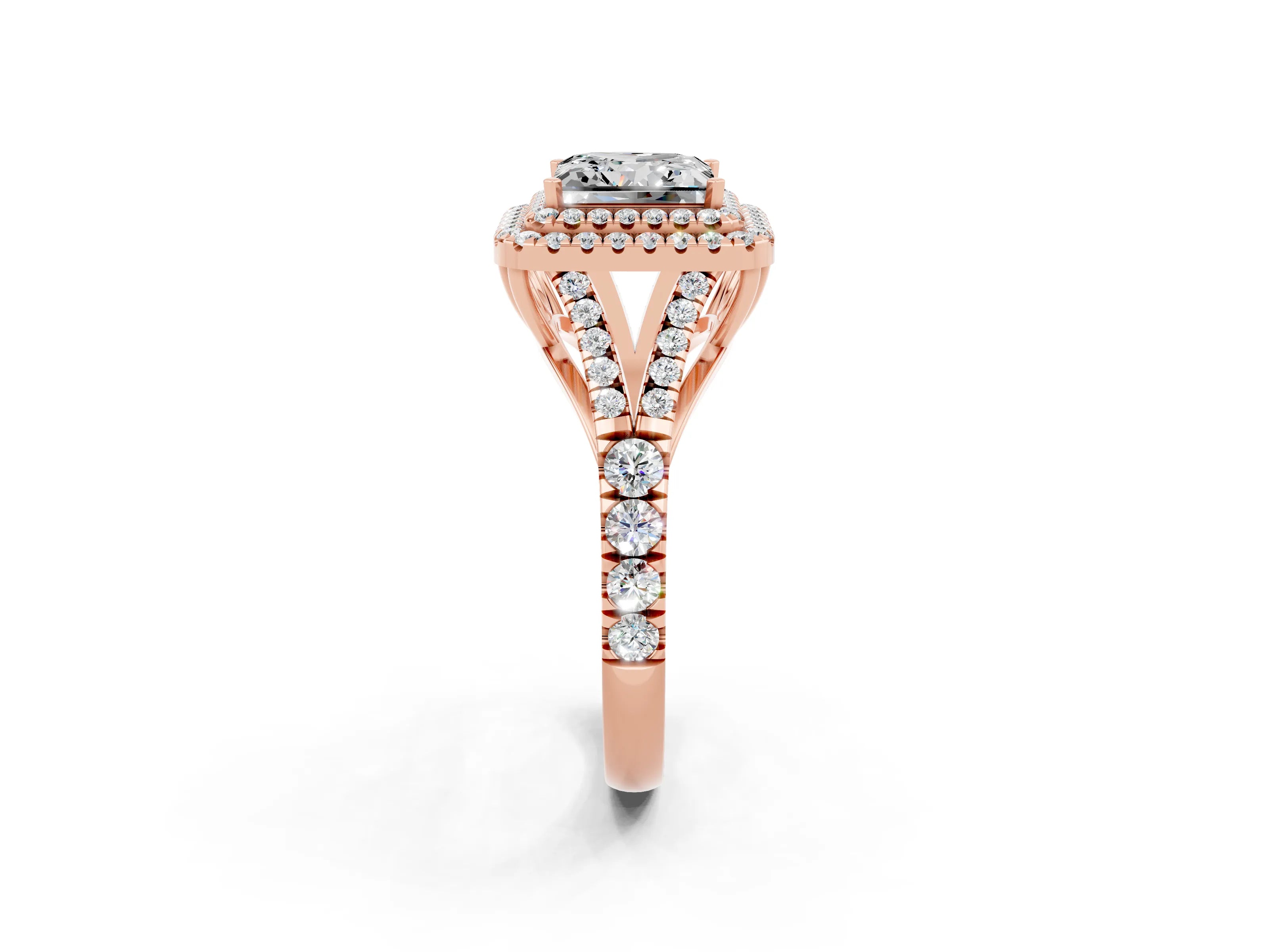 Rose gold Princess Cut Moissanite Double Halo Ring with Split Shank and Prong Setting_14