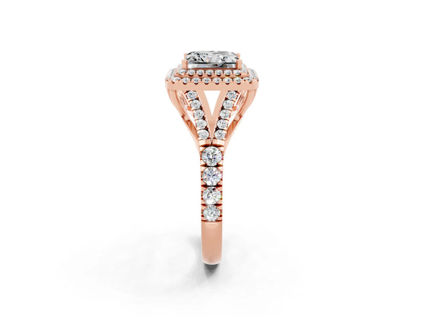 Rose gold Princess Cut Moissanite Double Halo Ring with Split Shank and Prong Setting