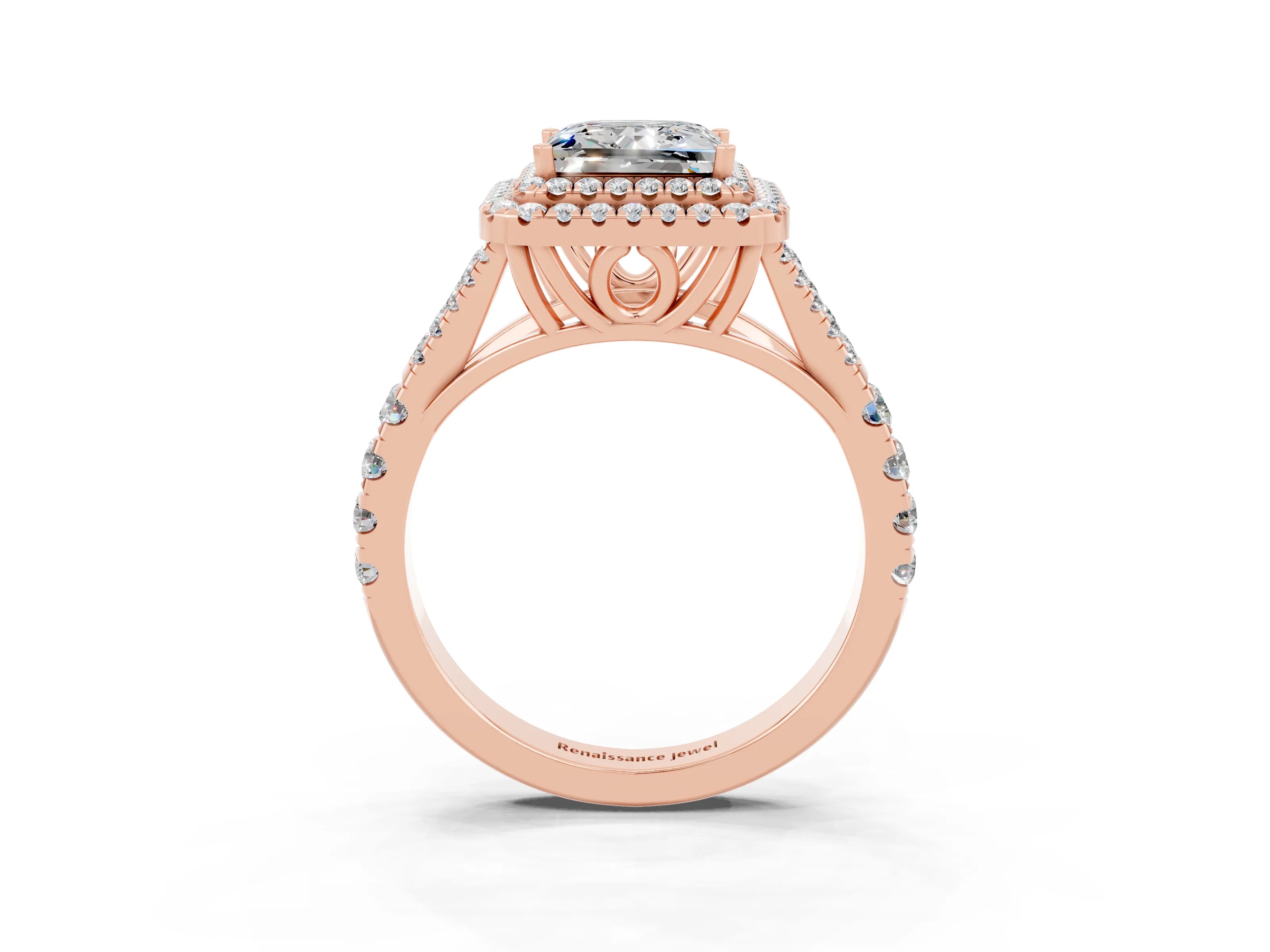 Rose gold Princess Cut Moissanite Double Halo Ring with Split Shank and Prong Setting_15